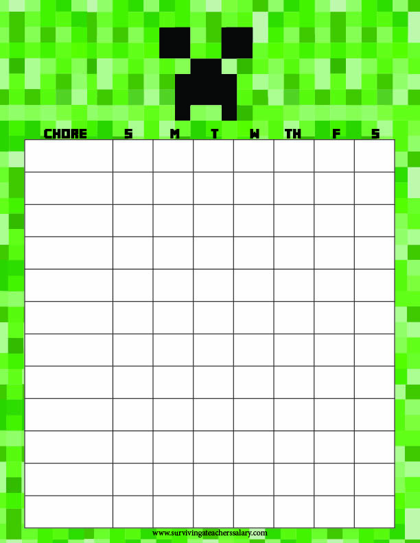 Printable Minecraft Chore Chart